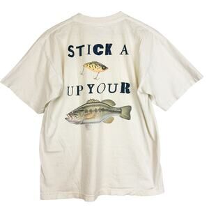 Vintage 1990s Mens Stick a Up Your Fish TSHirt Cream Excel USA - Large